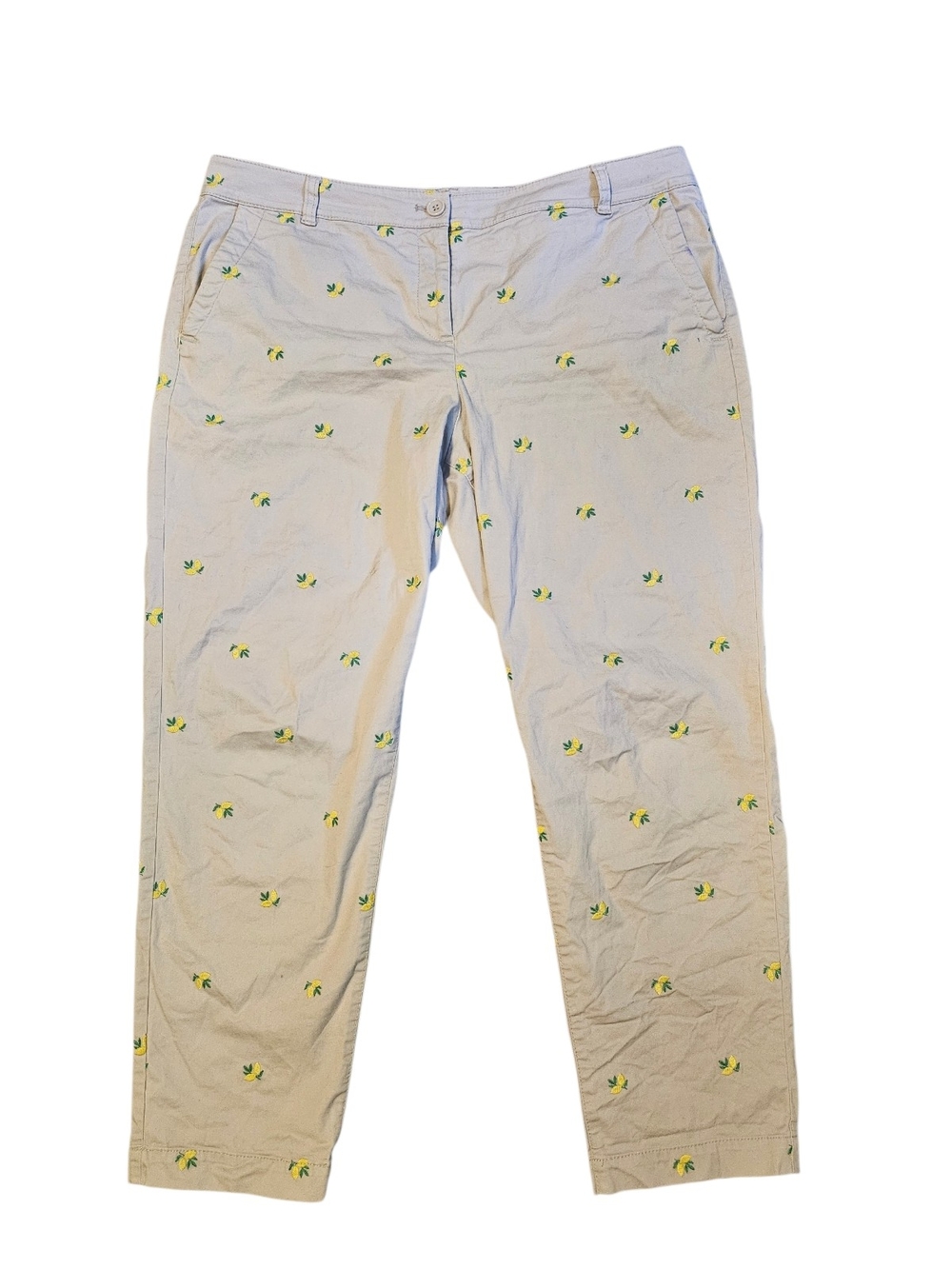 Talbots Cream Chino Pants with Yellow & Green Embroidery